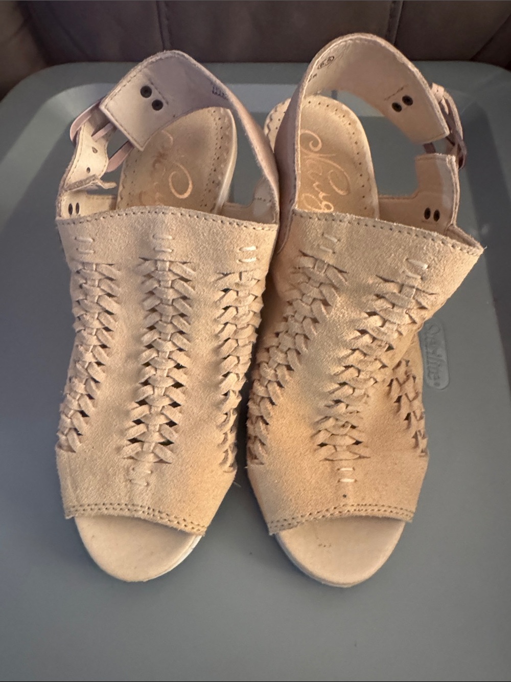naughty monkey Woven Peep-Toe Ankle Strap Sandals in Beige